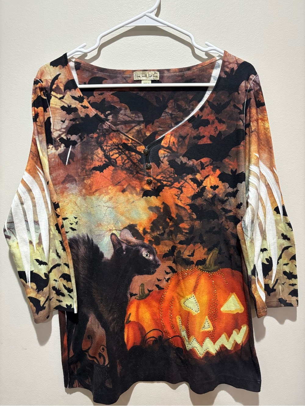 Live and Let Live Black Cat Pumpkin Bat Halloween Shirt Rhinestones XL Teacher